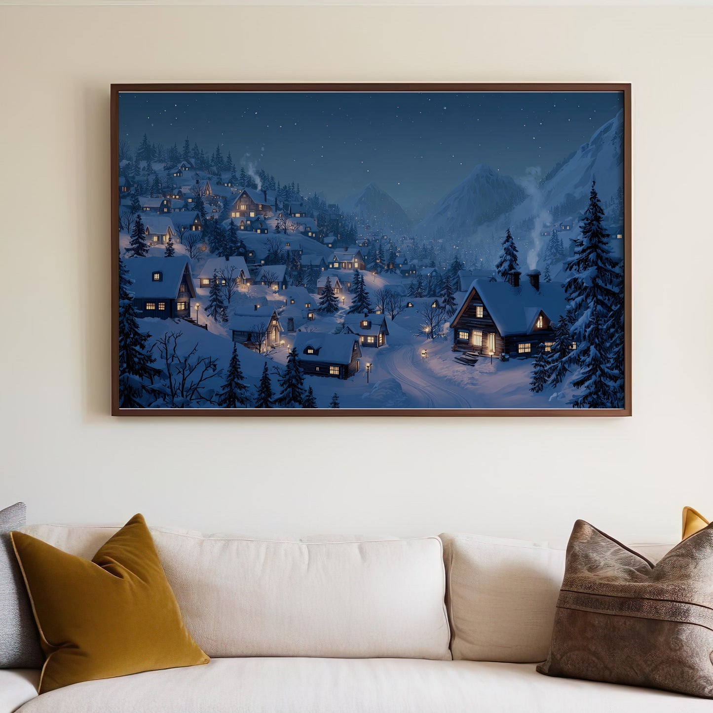 Snowy Village Night Lights Winter Mountain Landscape product type