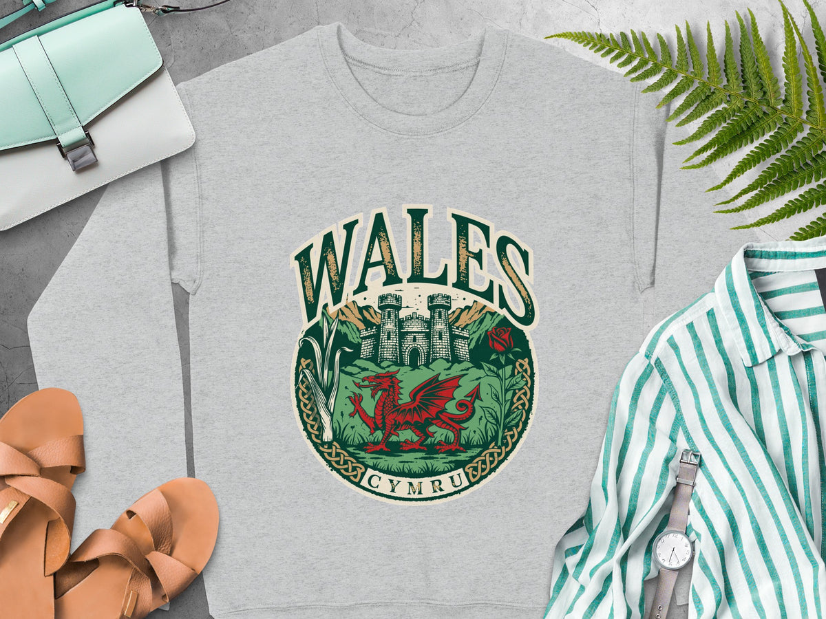 Grey sweatshirt with a circular graphic of a red dragon and castle, reading "WALES CYMRU".