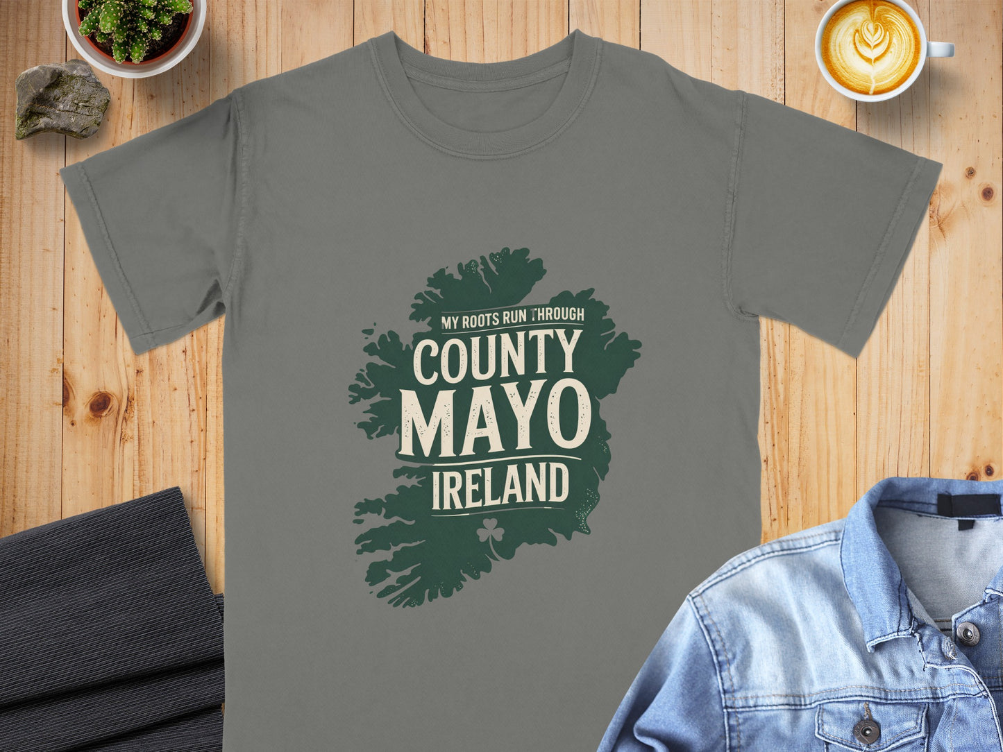 Gray t-shirt with County Mayo, Ireland map graphic and shamrock.