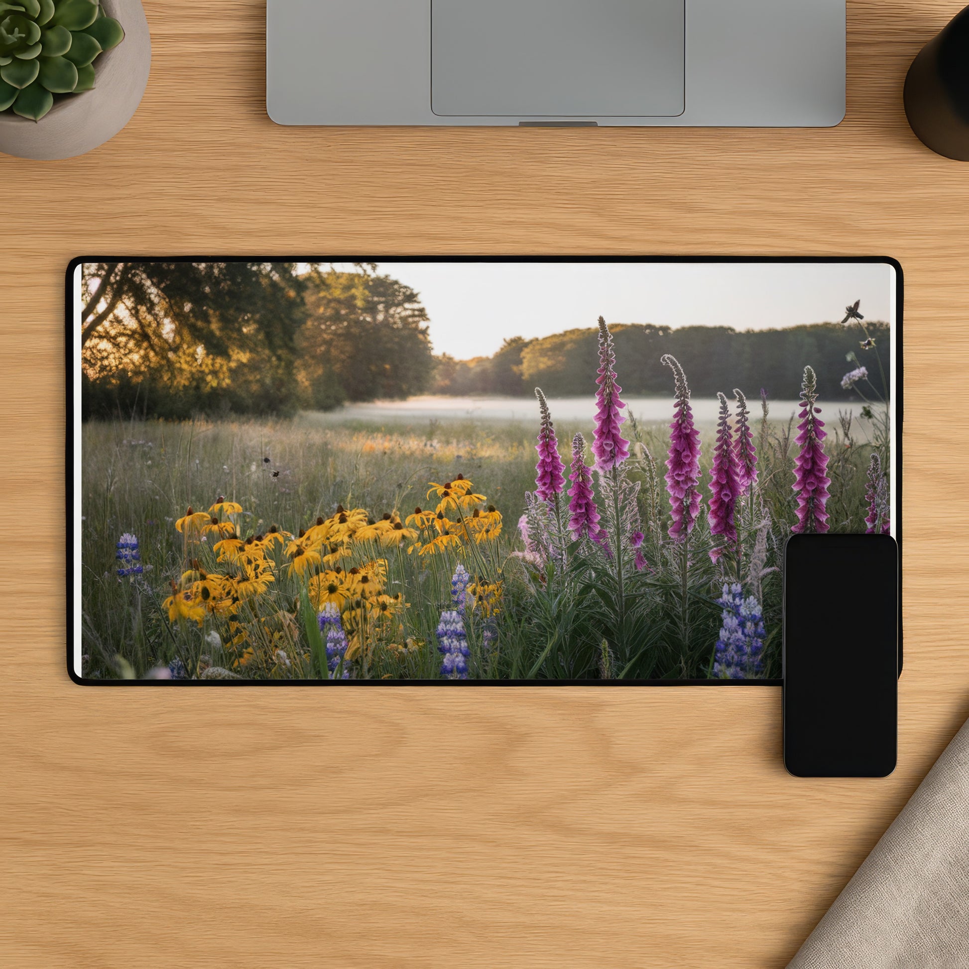 Large mousepad with wildflowers in a field at sunrise.