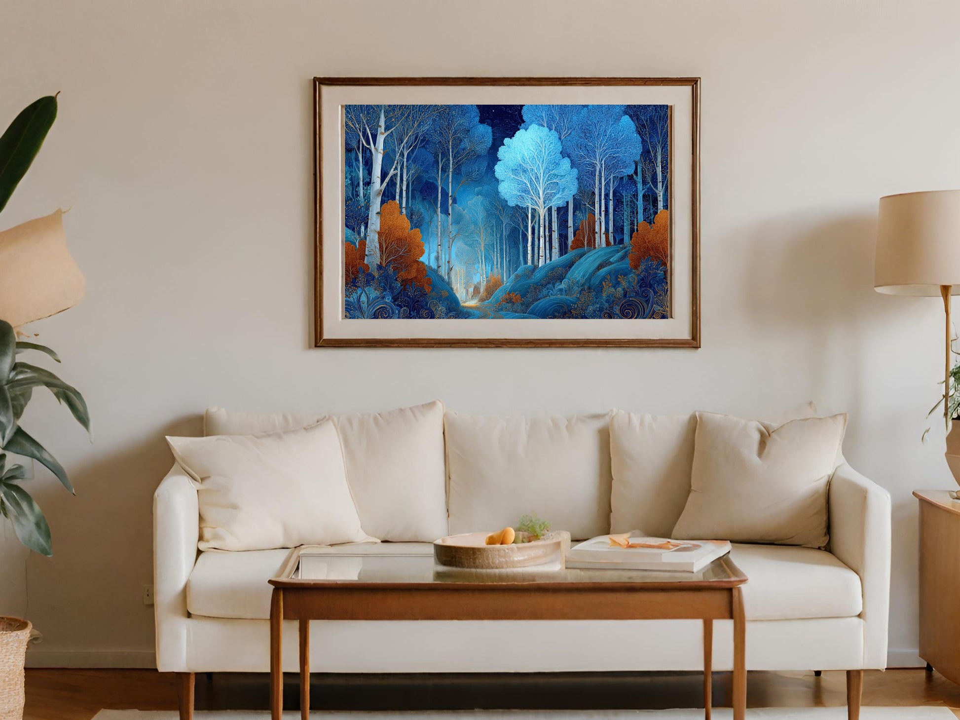 Vibrant Blue Orange Birch Forest Landscape Decor product type