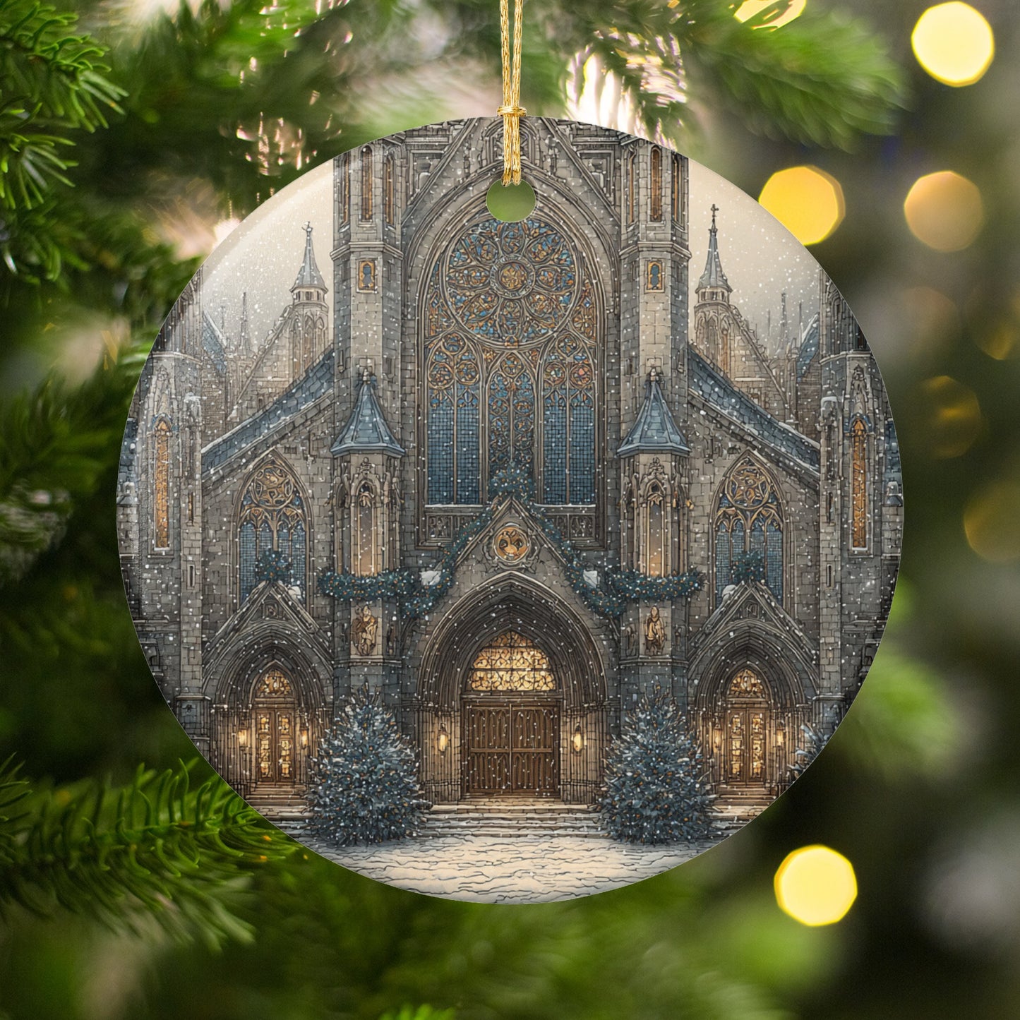 Stunning Snowy Cathedral Scene Ornament for Christmas