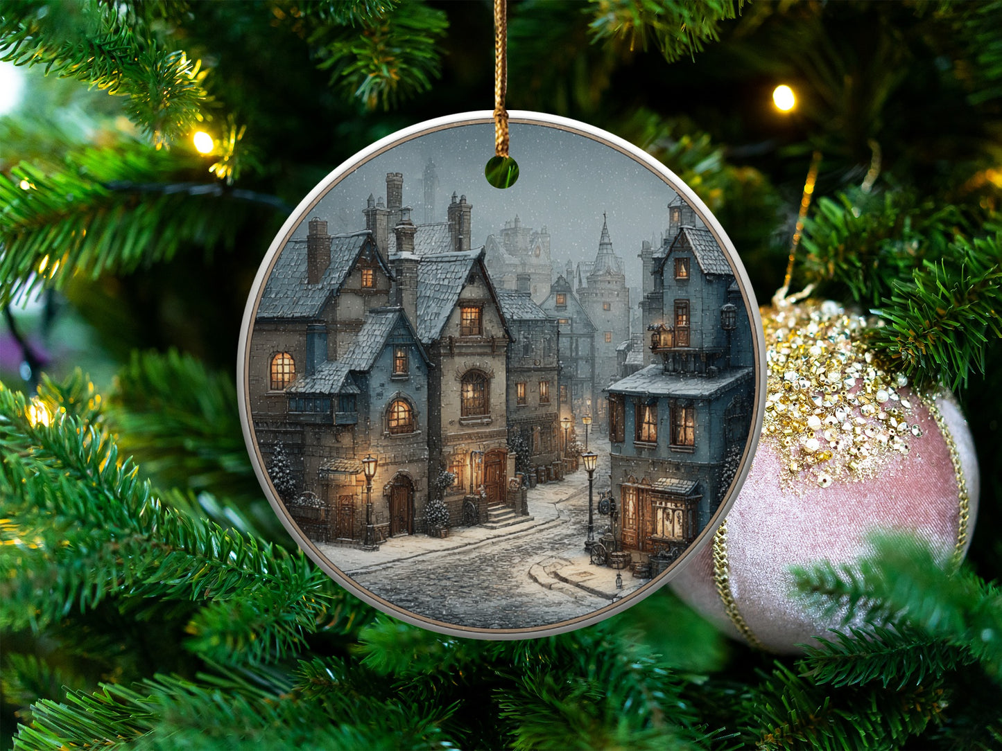 Festive Village Winter Scene Christmas Hanging Ornament