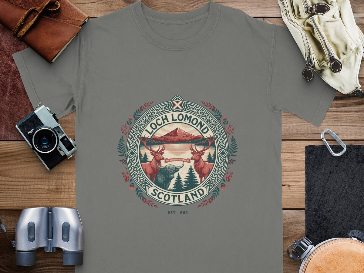 Loch Lomond Scotland t-shirt with deer, Highland cow, mountains, and trees graphic.