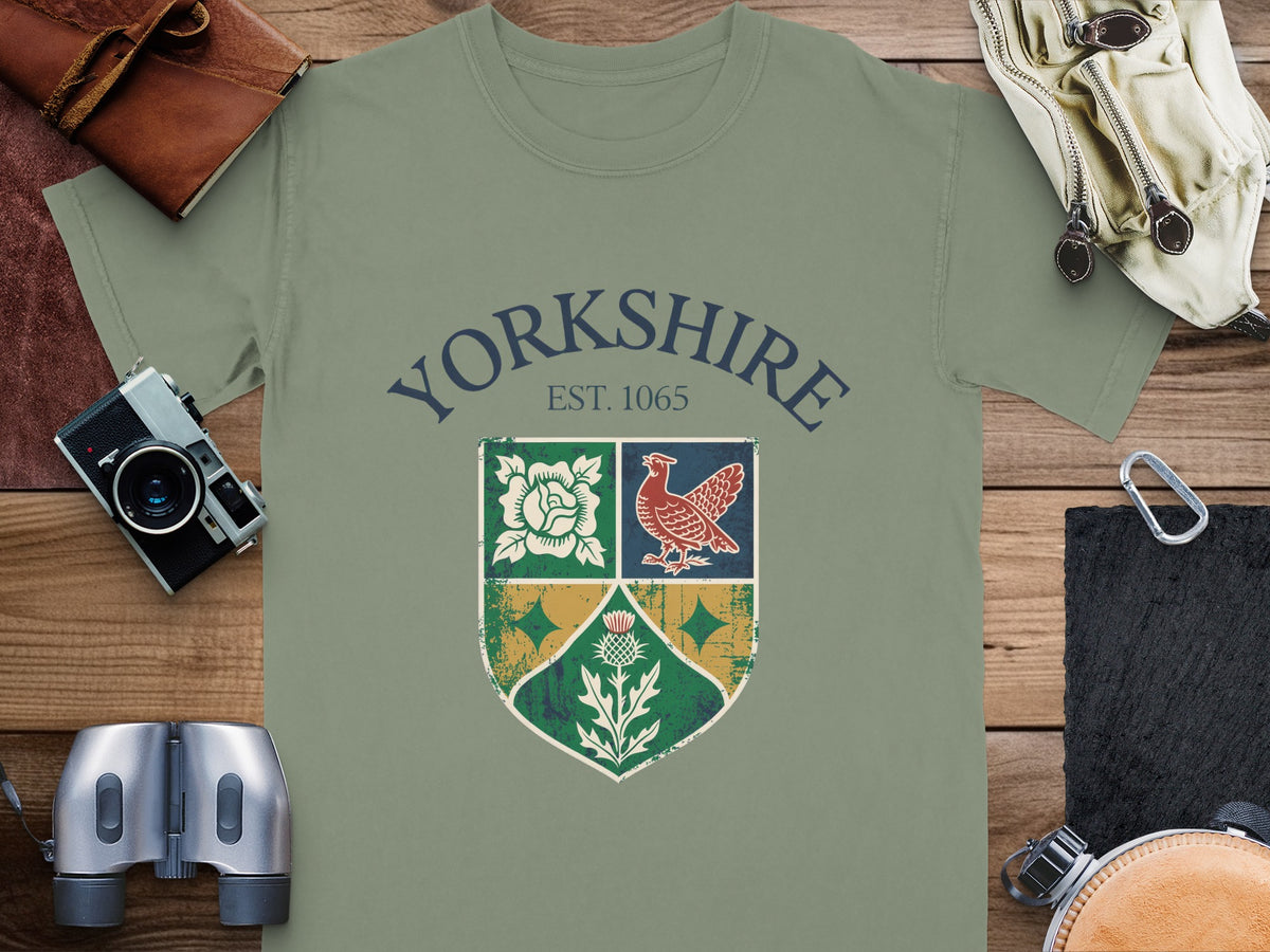 Olive green t-shirt with "Yorkshire Est. 1065" and a shield design.