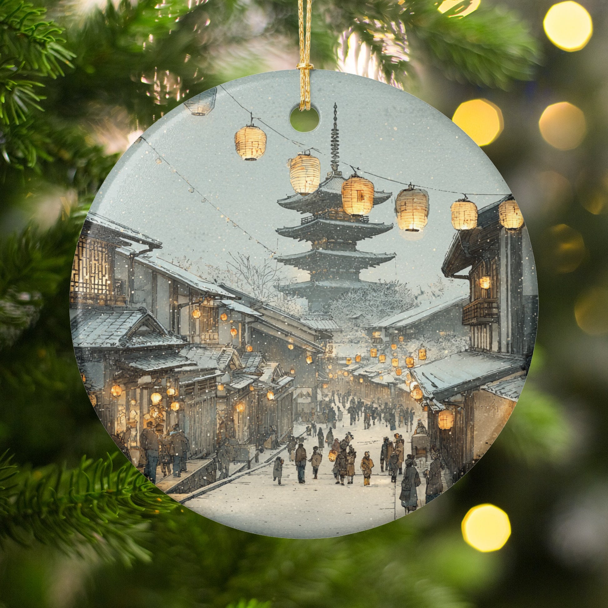 Scenic Winter Pagoda Street Scene Ornament