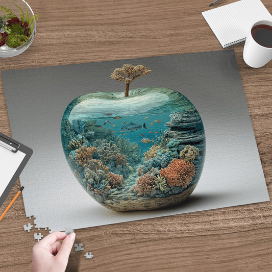 Apple-shaped aquarium with coral reefs, fish, and a tree on top.