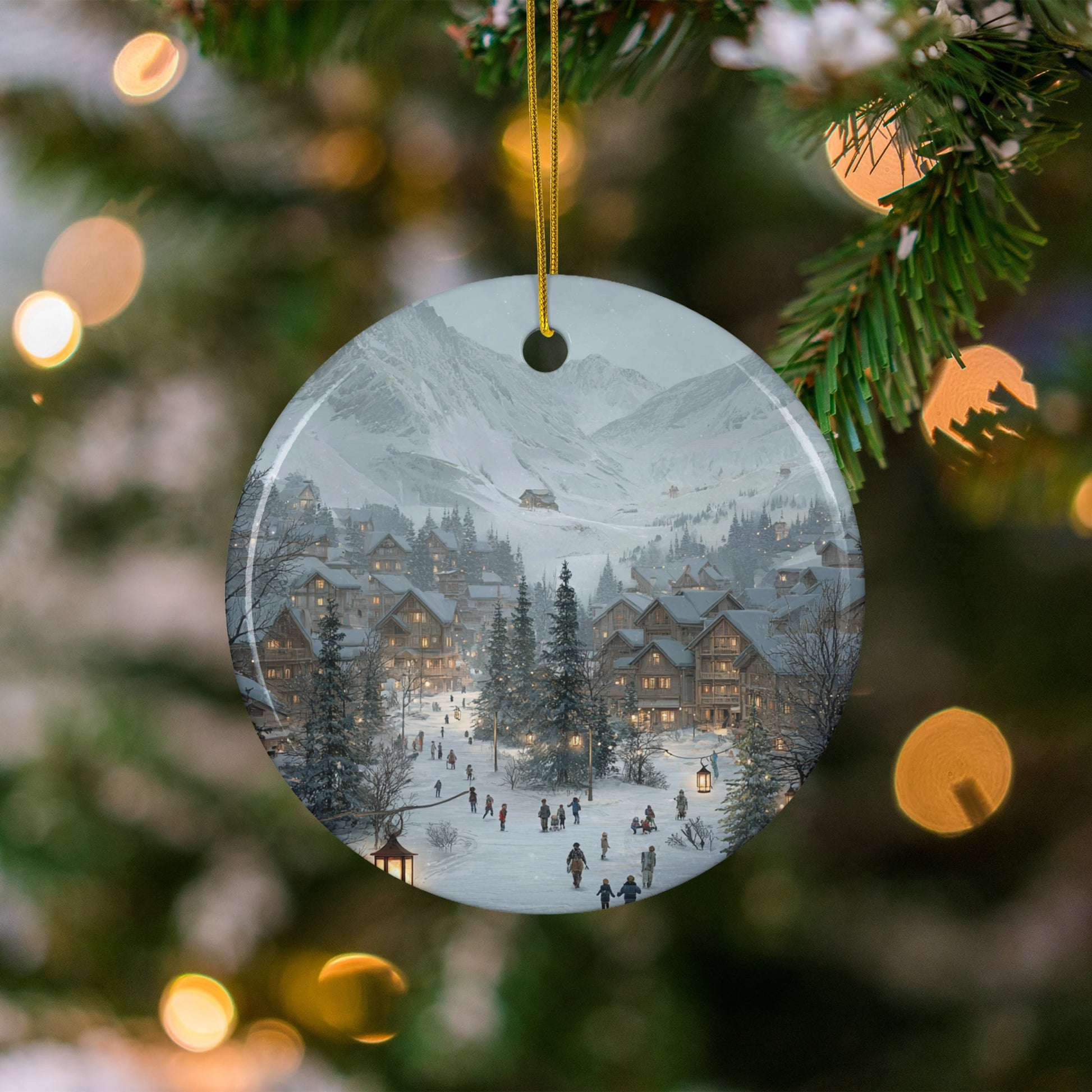 Serene Winter Village Scene on Hanging Ornament