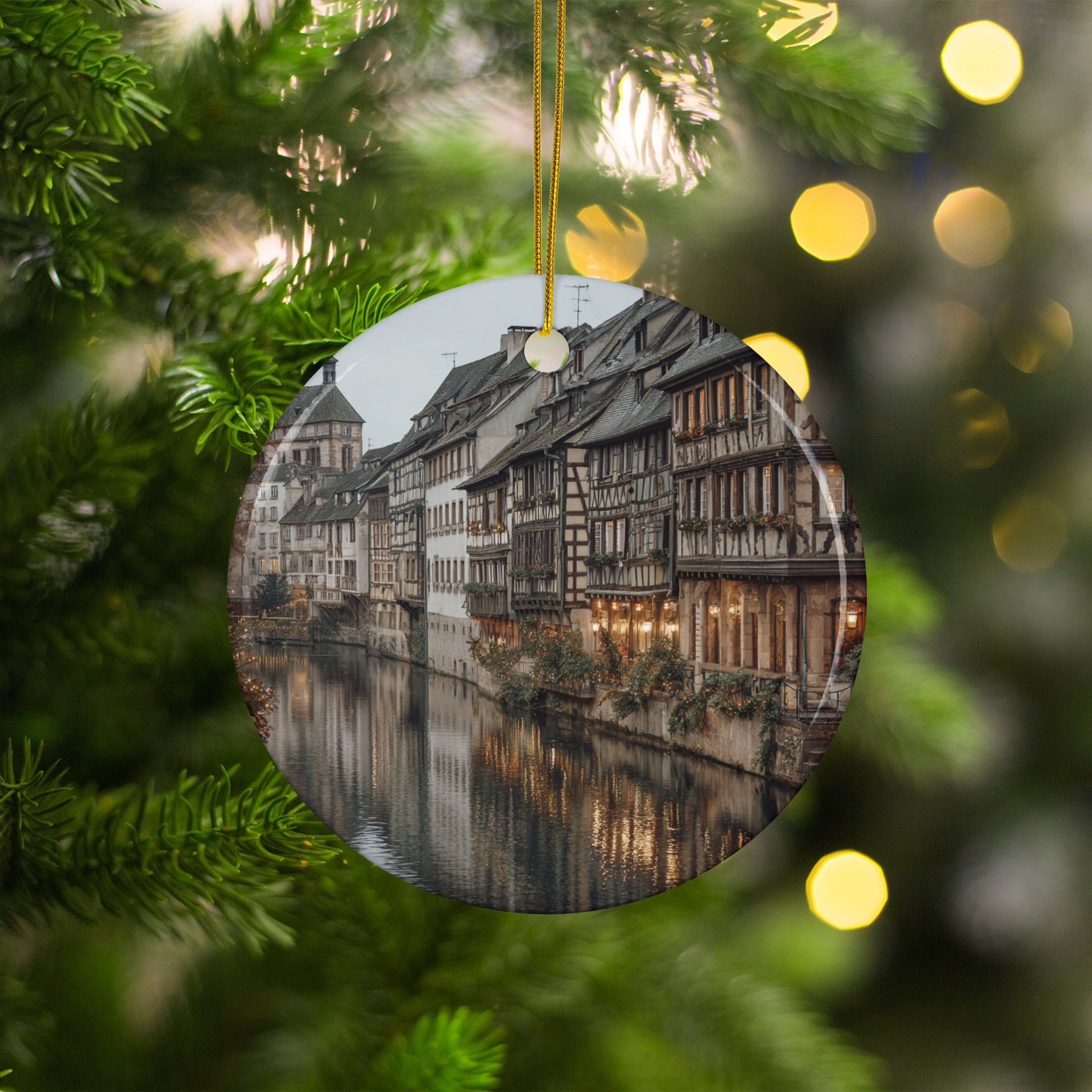 Scenic European Village River View Ornament