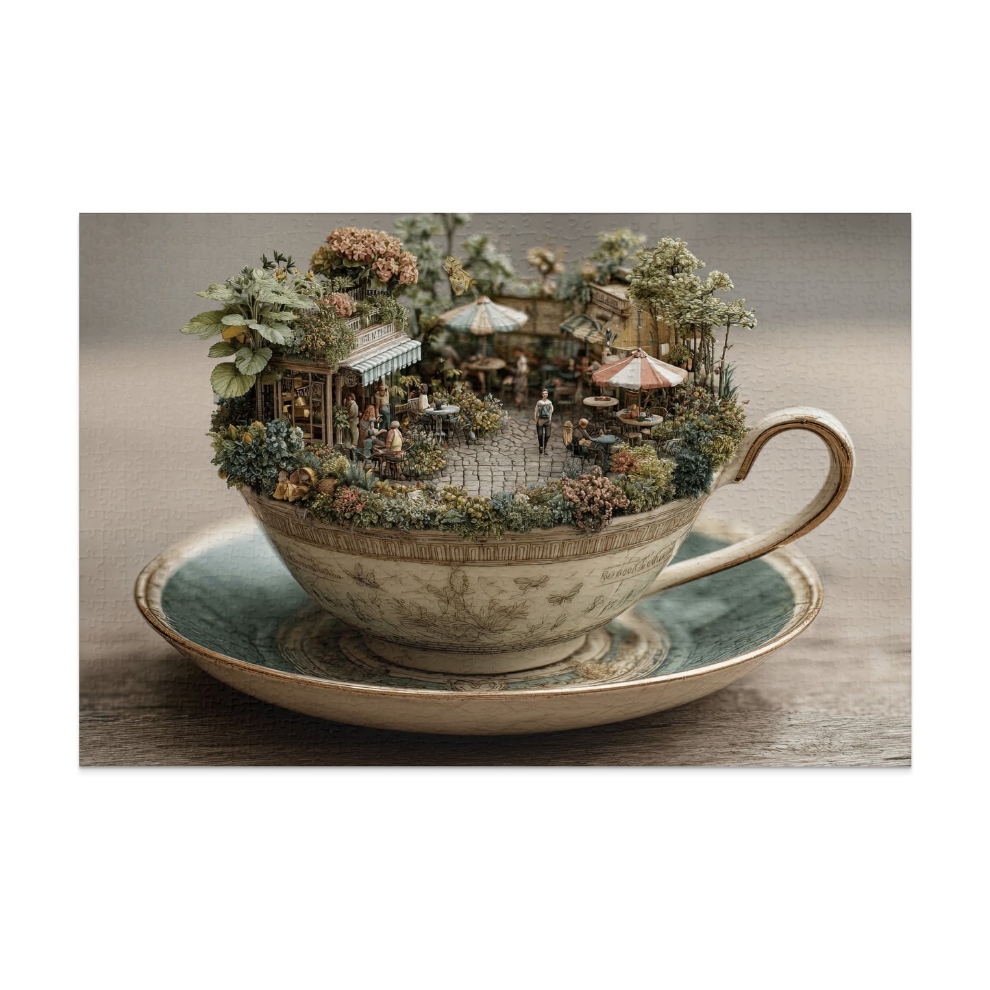 Miniature cafe scene with people and greenery set inside a teacup.