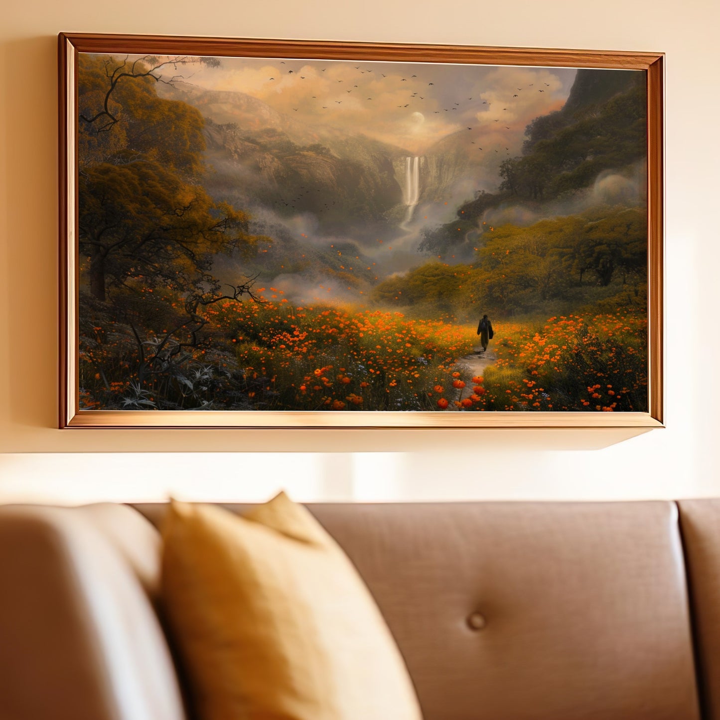 Lush Landscape Wall Art with Waterfall Scene Print