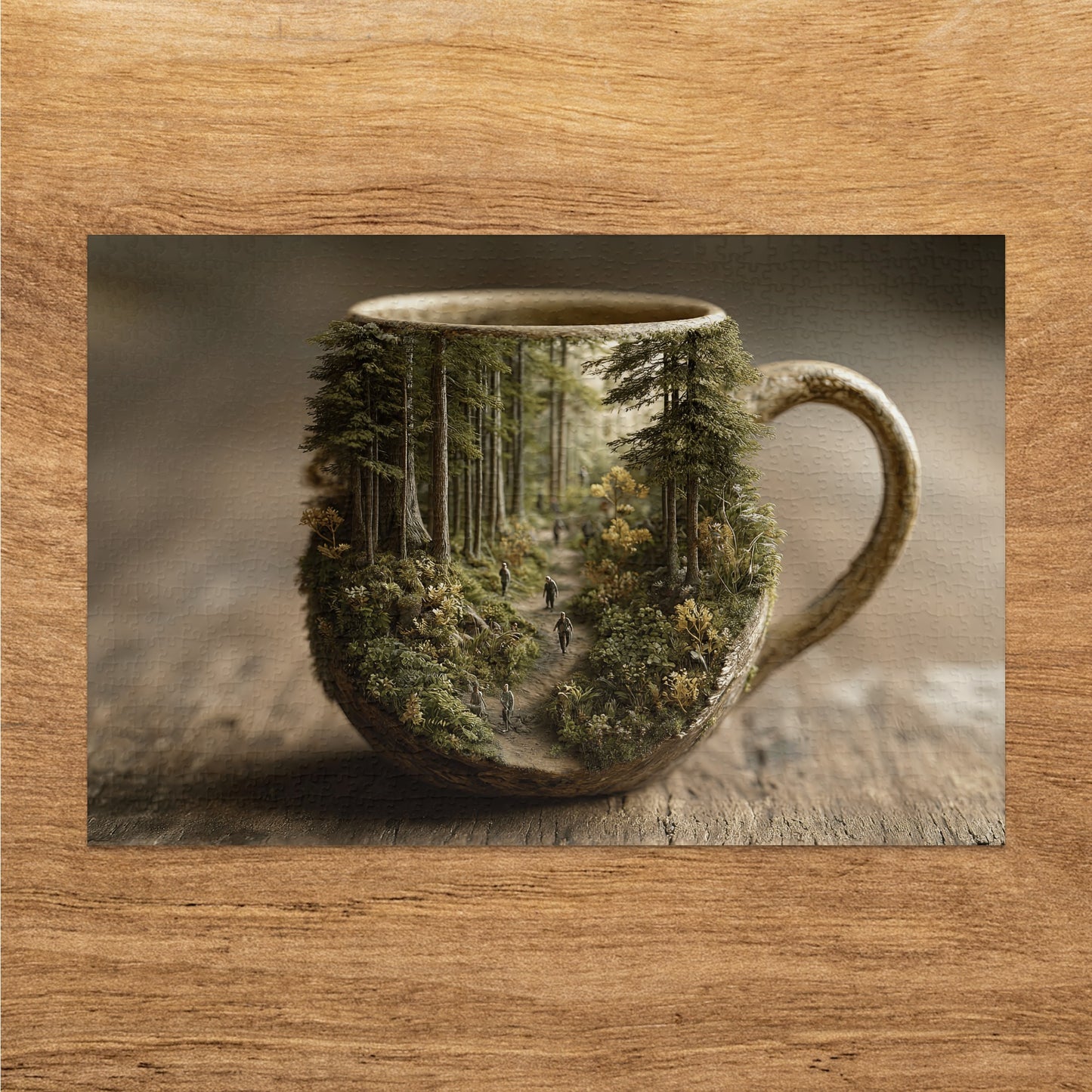 Forest path with hikers inside a coffee mug.