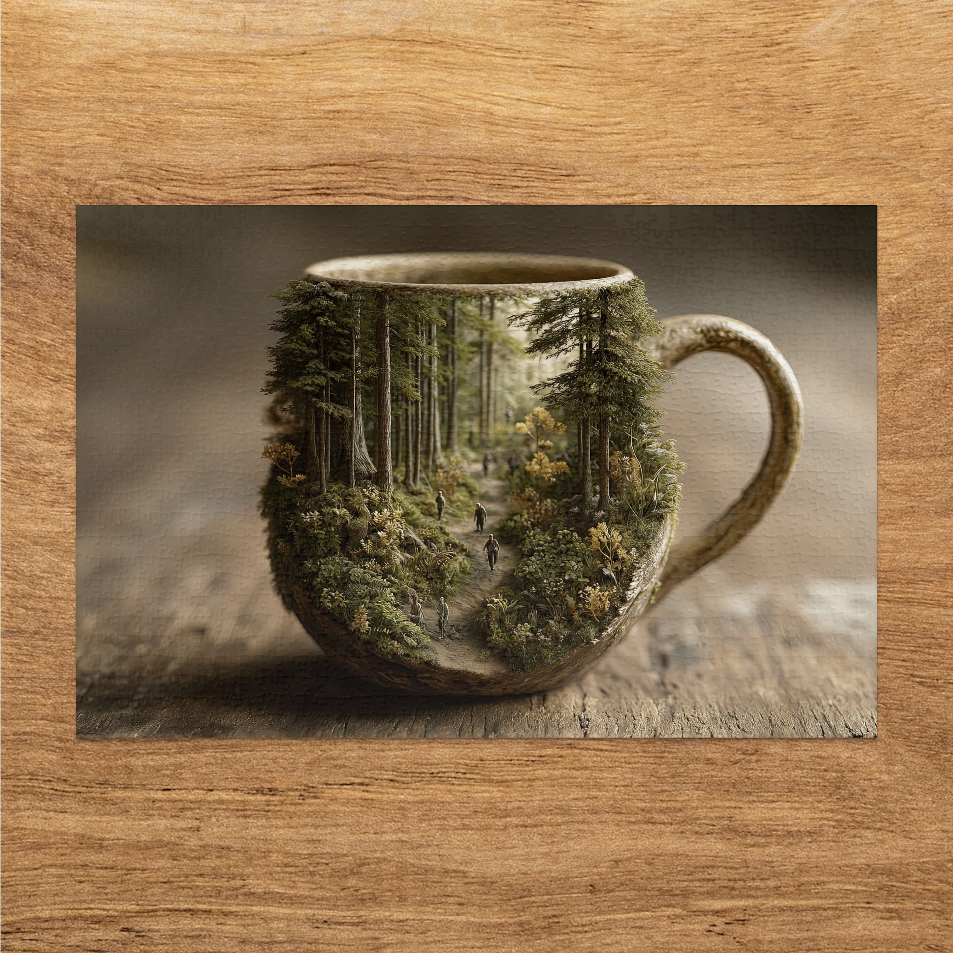 Forest path with hikers inside a coffee mug.
