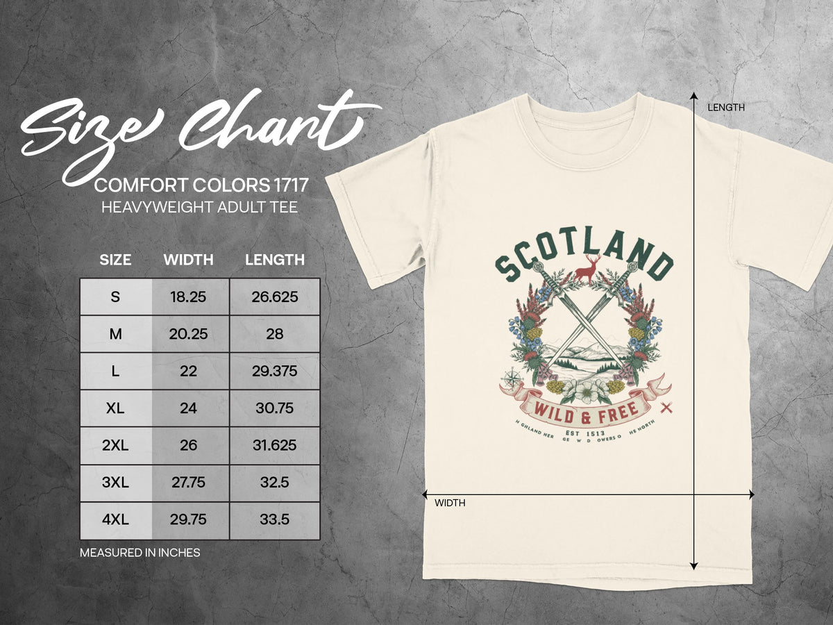 Comfort Colors 1717 heavyweight adult tee size chart and shirt with Scotland graphic.