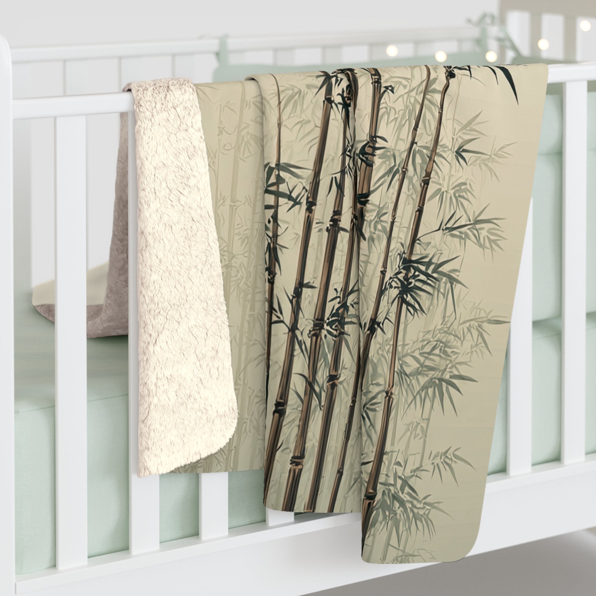 Bamboo Grove sherpa fleece blanket — cozy neutral Asian-inspired throw, boho home decor, housewarming gift