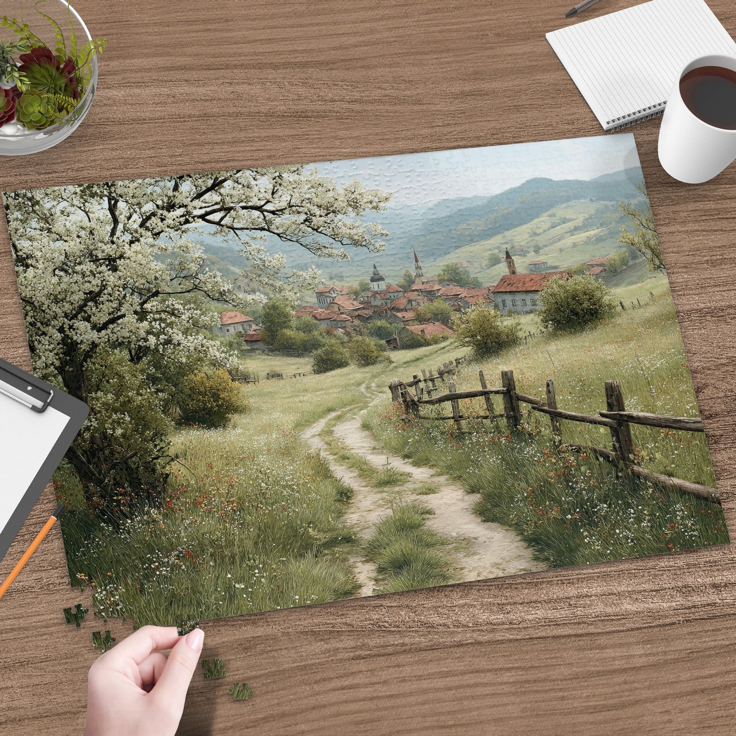 Scenic Countryside Pathway with Town Jigsaw Puzzle