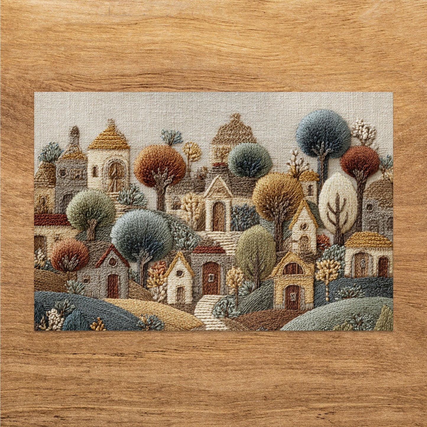 Whimsical Embroidered Landscape of Quaint Village Artwork