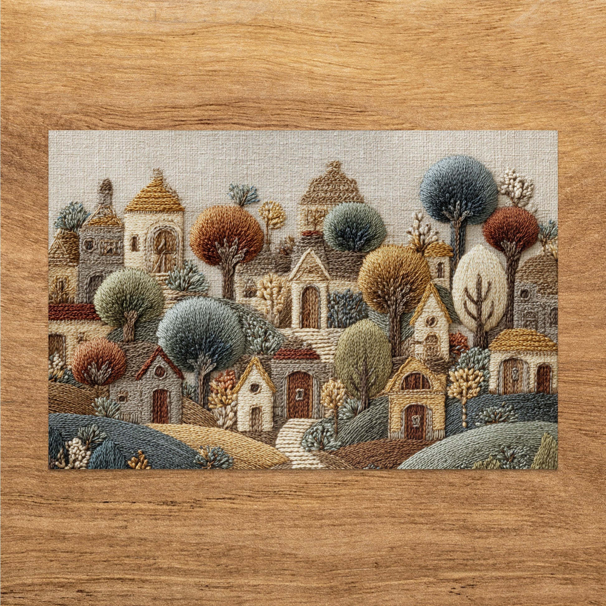 Whimsical Embroidered Landscape of Quaint Village Artwork