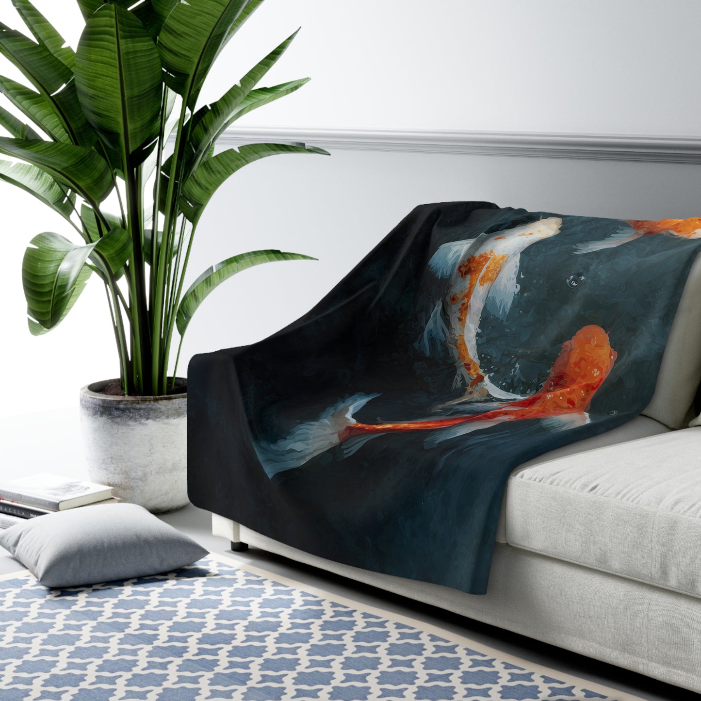 Koi Pond sherpa fleece blanket — tranquil fish art throw, zen home decor, relaxing gift, soft sherpa
