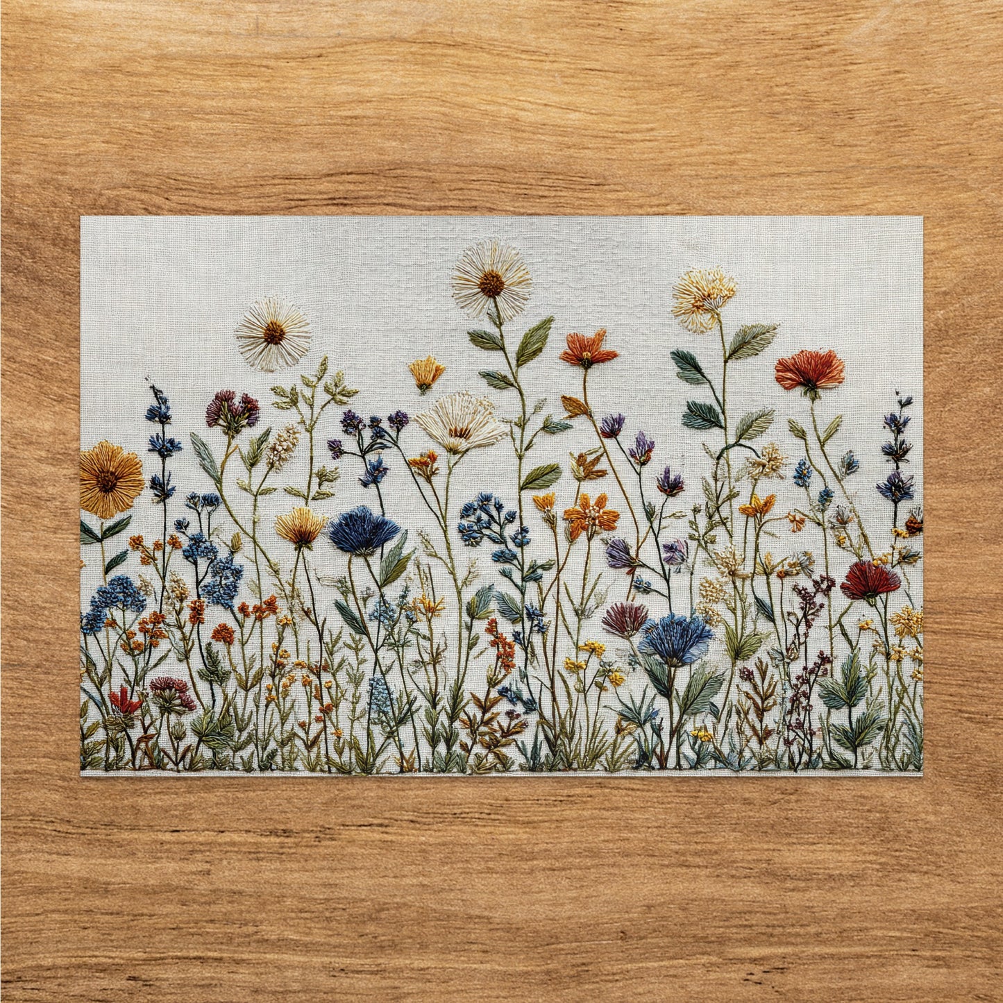 Embroidered wildflowers on a white fabric background with wood grain border.