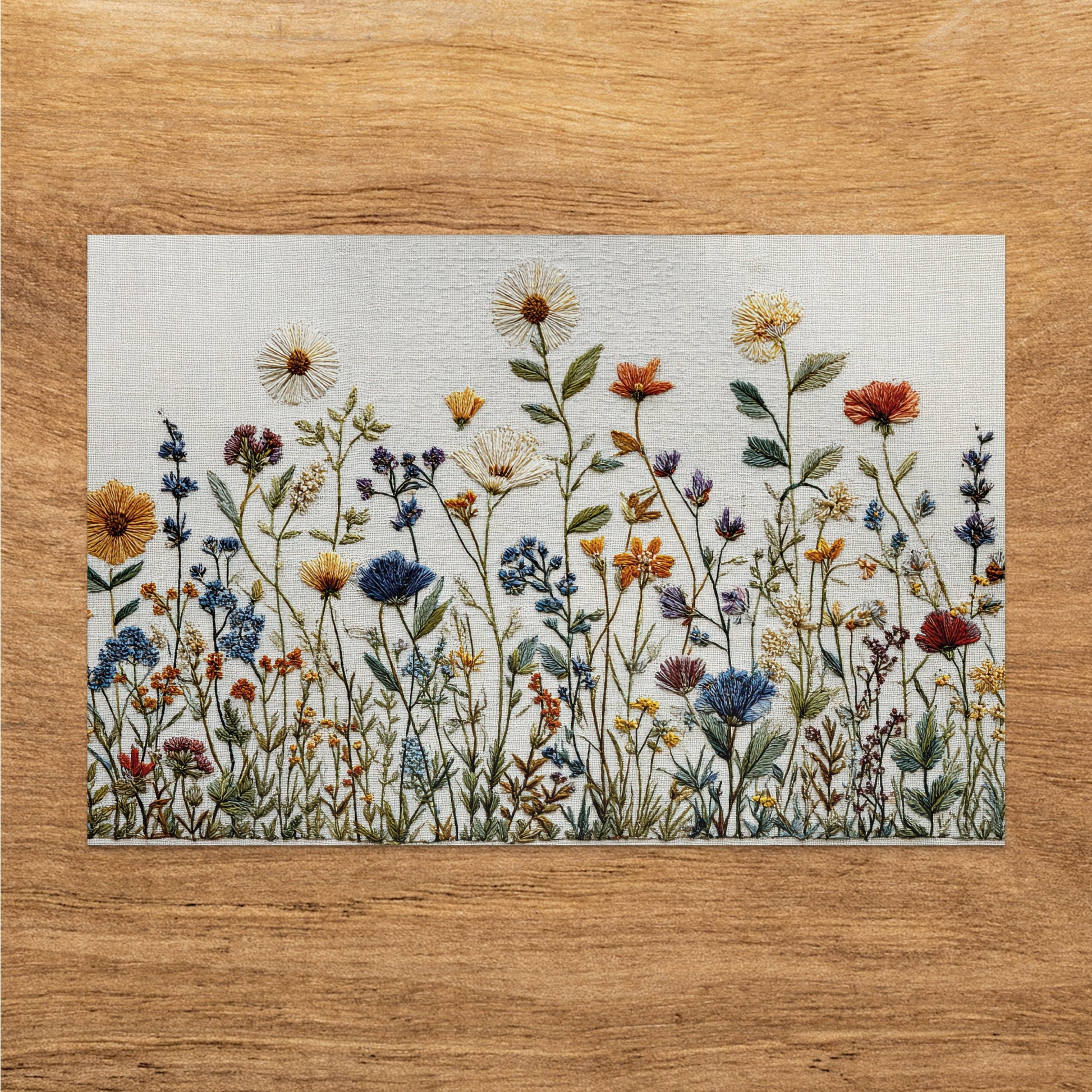 Embroidered wildflowers on a white fabric background with wood grain border.