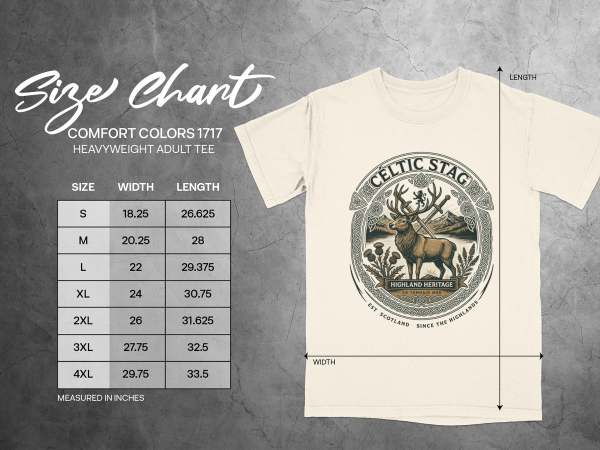 Size chart for a cream Comfort Colors 1717 heavyweight adult tee with Celtic stag graphic.