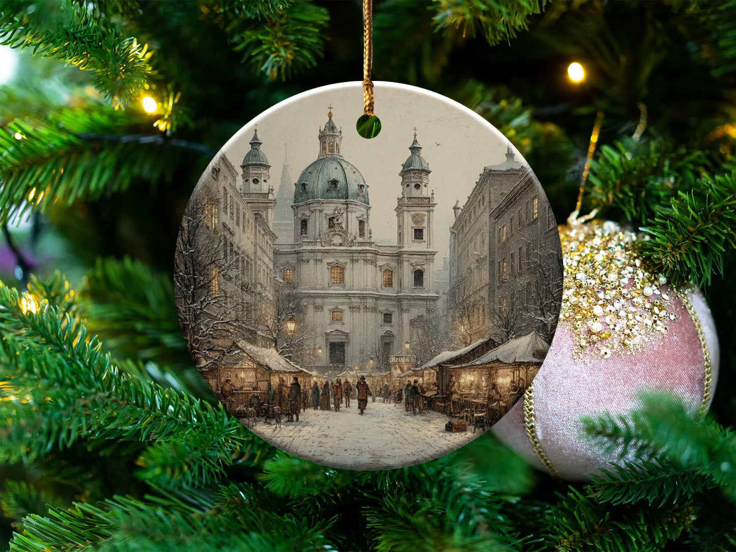 Vintage Winter City Scene Christmas Ornament
