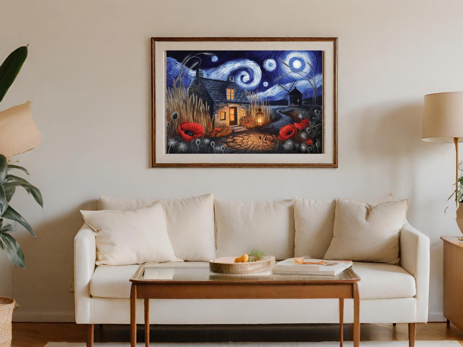 Painting of a stone cottage at night with a starry sky and poppies.