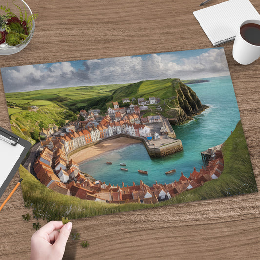 Coastal village with harbor, houses, green hills, and the sea.