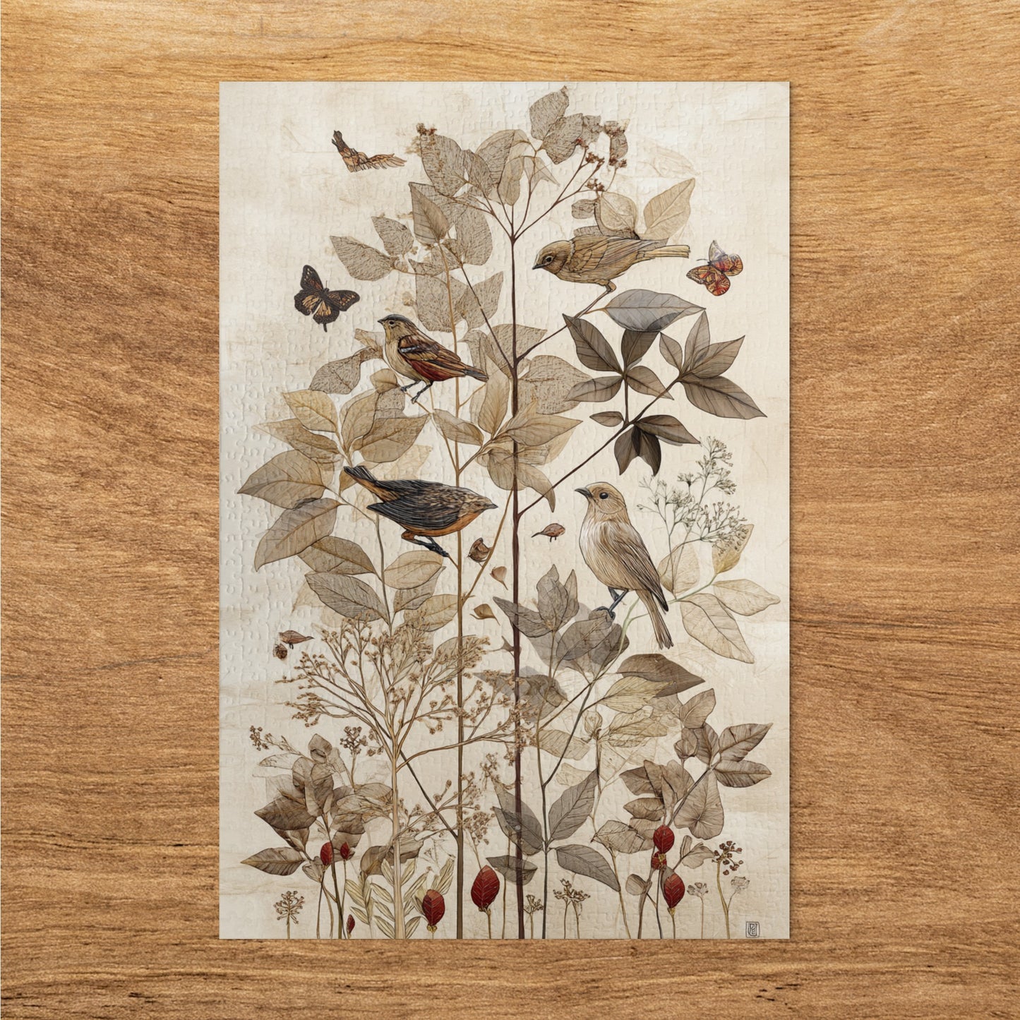 Botanical Art Poster with Woodland Birds and Butterflies