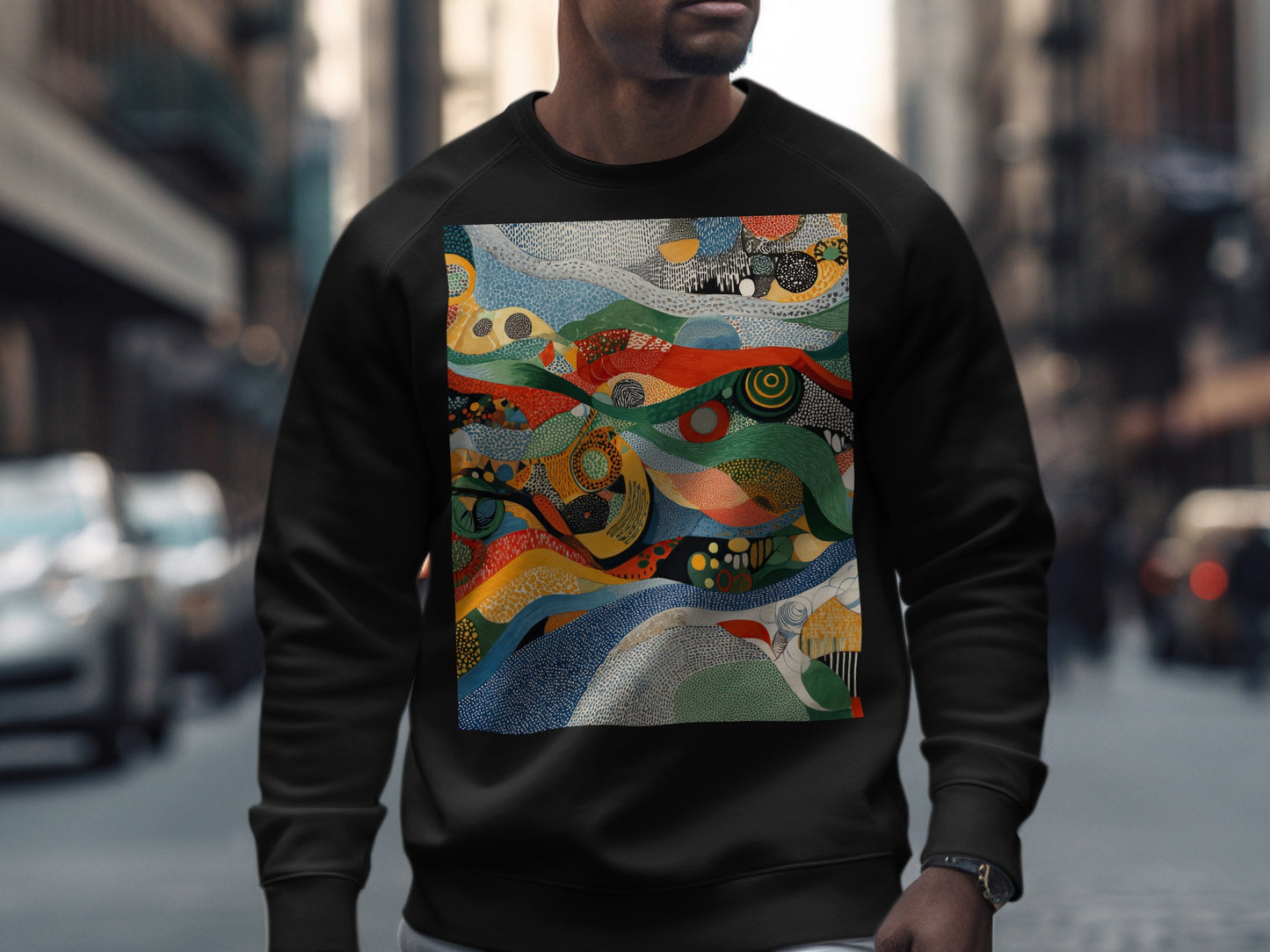 Artistic Wavy Shapes Dynamic Multicolor Sweatshirt
Abstract design Colorful pattern Artistic print Vibrant style Unique graphic Dynamic art Wavy shapes Mosaic inspired Modern artwork Multicolor top Statement fashion Crewneck sweatshirt Pullover shirt Streetwear look Casual apparel Unisex fashion Graphic sweatshirt Black base Patterned top Creative apparel