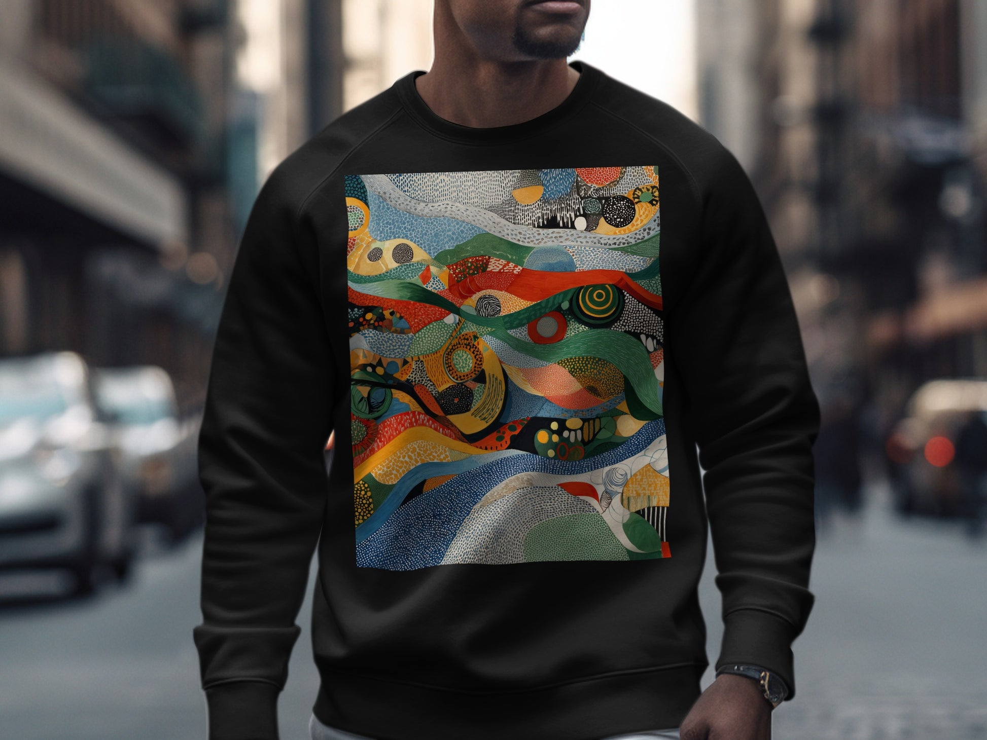 Artistic Wavy Shapes Dynamic Multicolor Sweatshirt
Abstract design Colorful pattern Artistic print Vibrant style Unique graphic Dynamic art Wavy shapes Mosaic inspired Modern artwork Multicolor top Statement fashion Crewneck sweatshirt Pullover shirt Streetwear look Casual apparel Unisex fashion Graphic sweatshirt Black base Patterned top Creative apparel