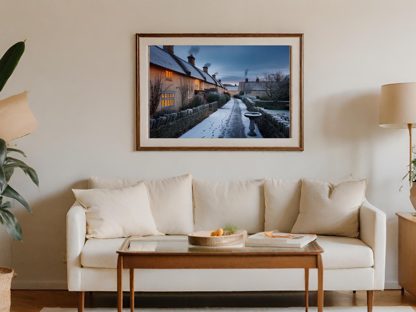 A framed picture shows thatched-roof cottages with snow and glowing windows.