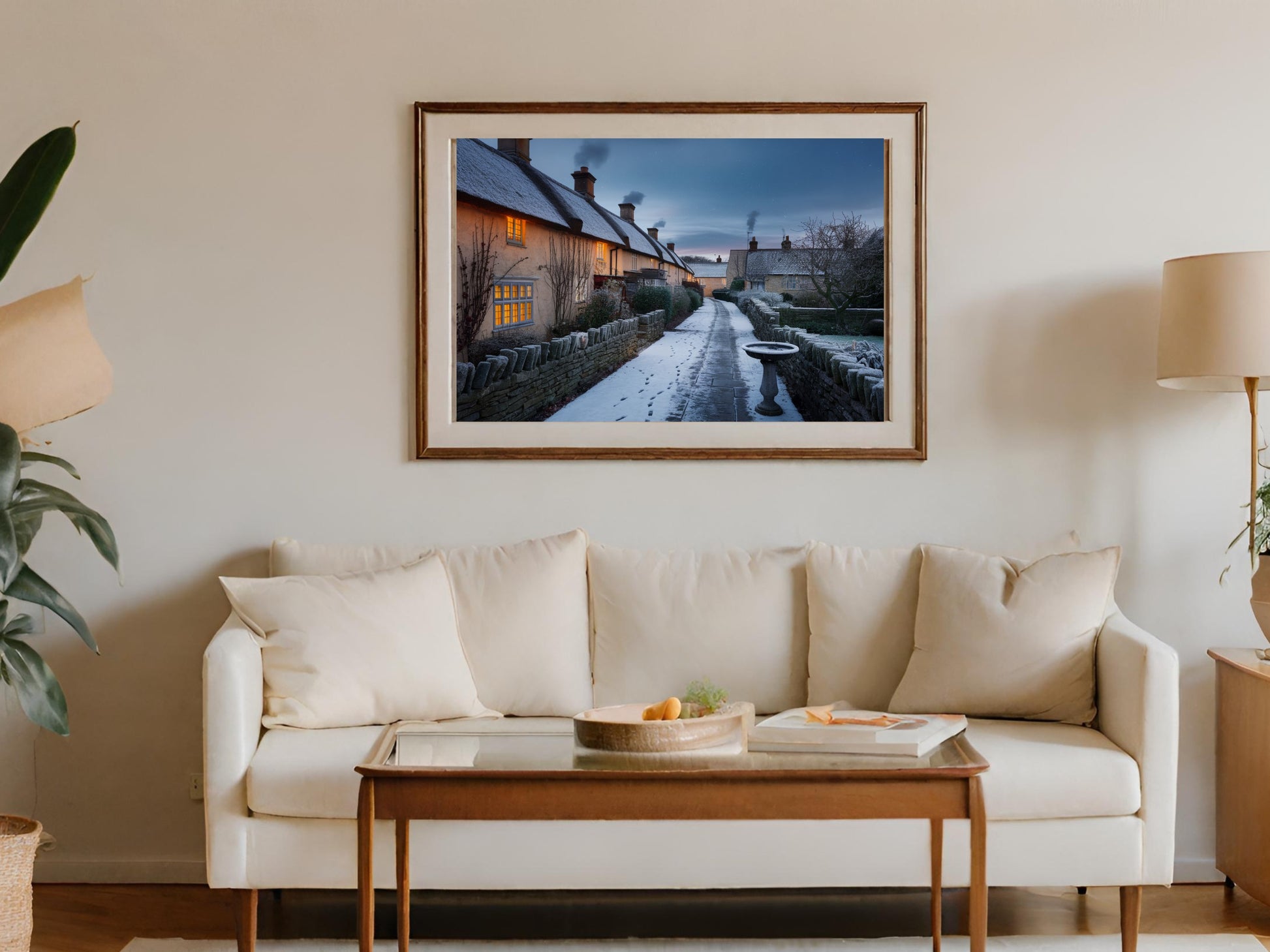 A framed picture shows thatched-roof cottages with snow and glowing windows.