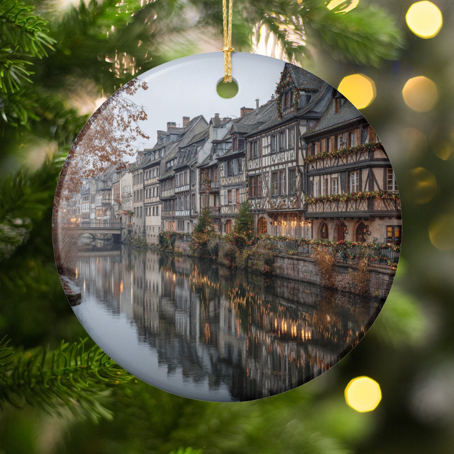 Scenic Christmas Ornament Capturing a Winter Village Scene