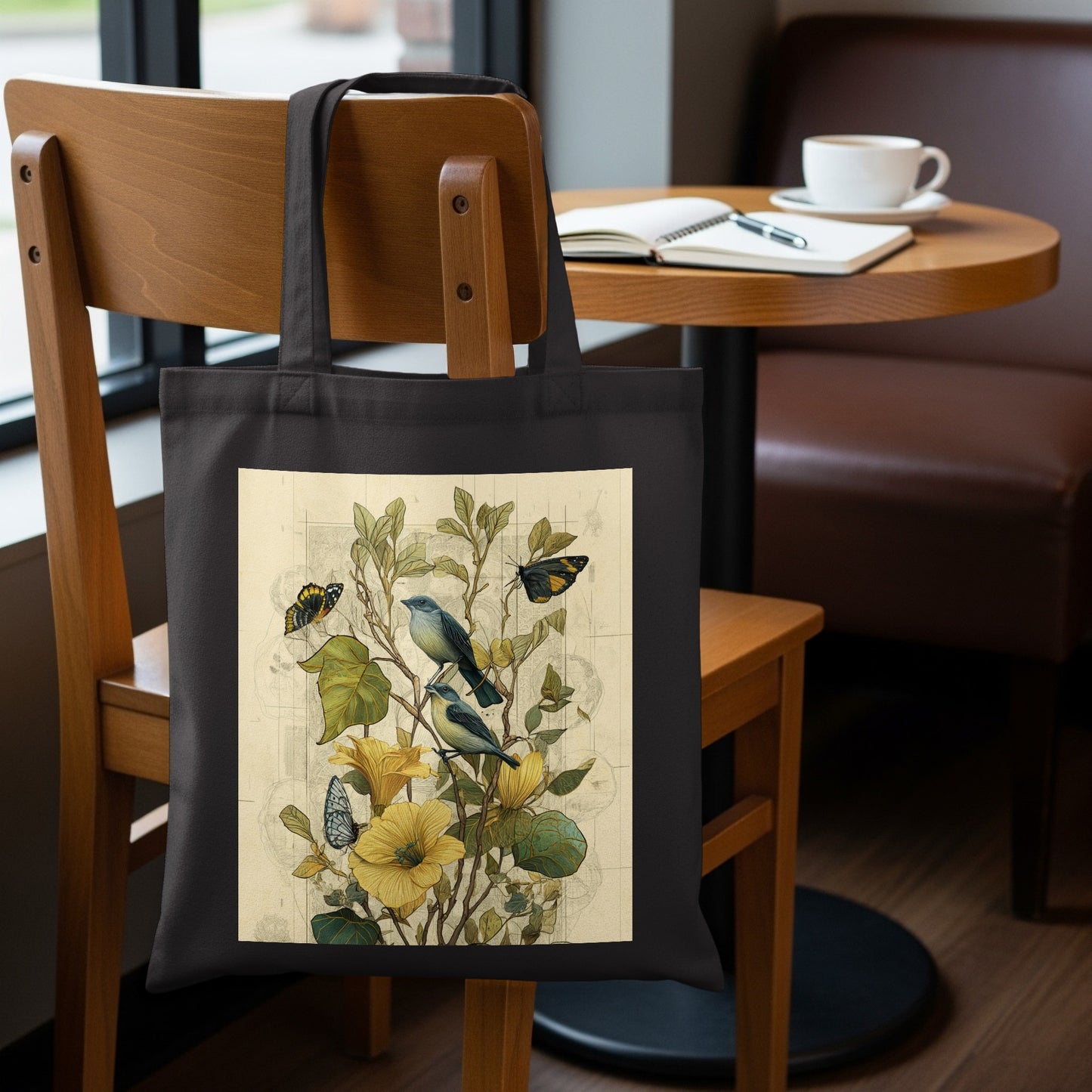 Vintage Botanical Bird and Butterfly Illustration Tote