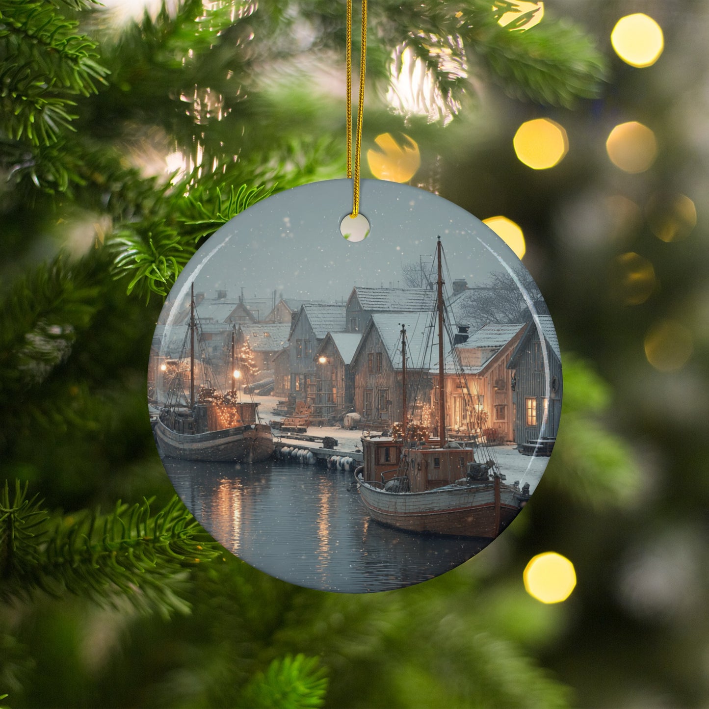 Snowy Harbor Scene Holiday Ornament Product