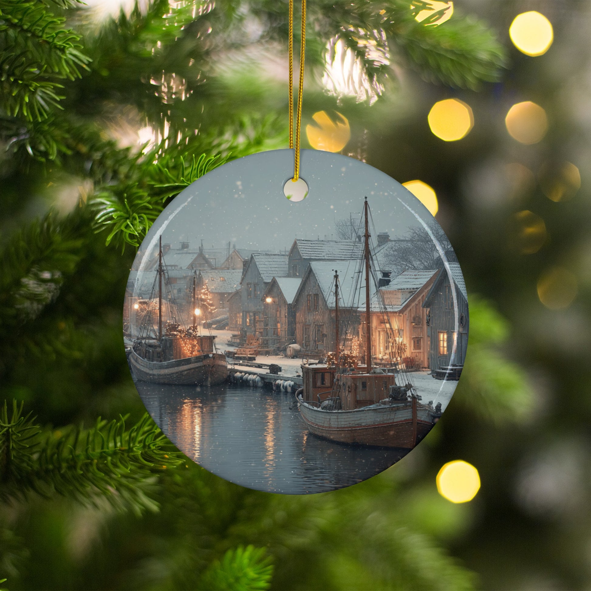 Snowy Harbor Scene Holiday Ornament Product