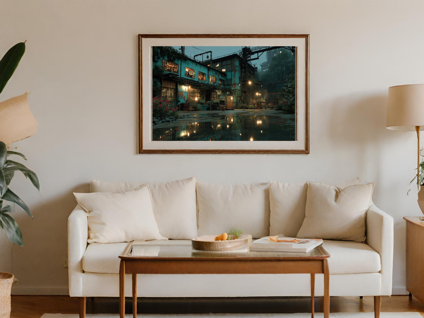 Framed artwork depicting a nighttime industrial building with glowing windows, reflected in puddles.