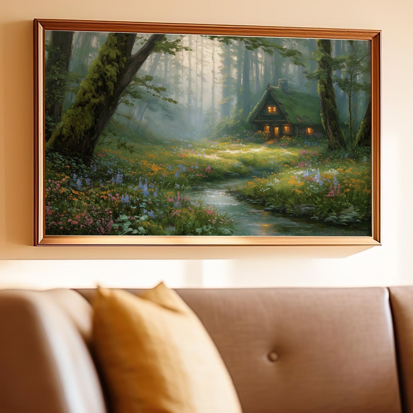 Magical Forest Cabin Stream Wildflowers Painting product type