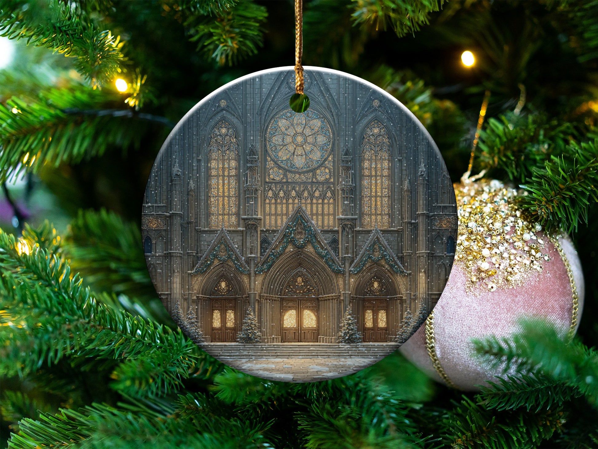 Stunning Cathedral Illustration Holiday Ornament