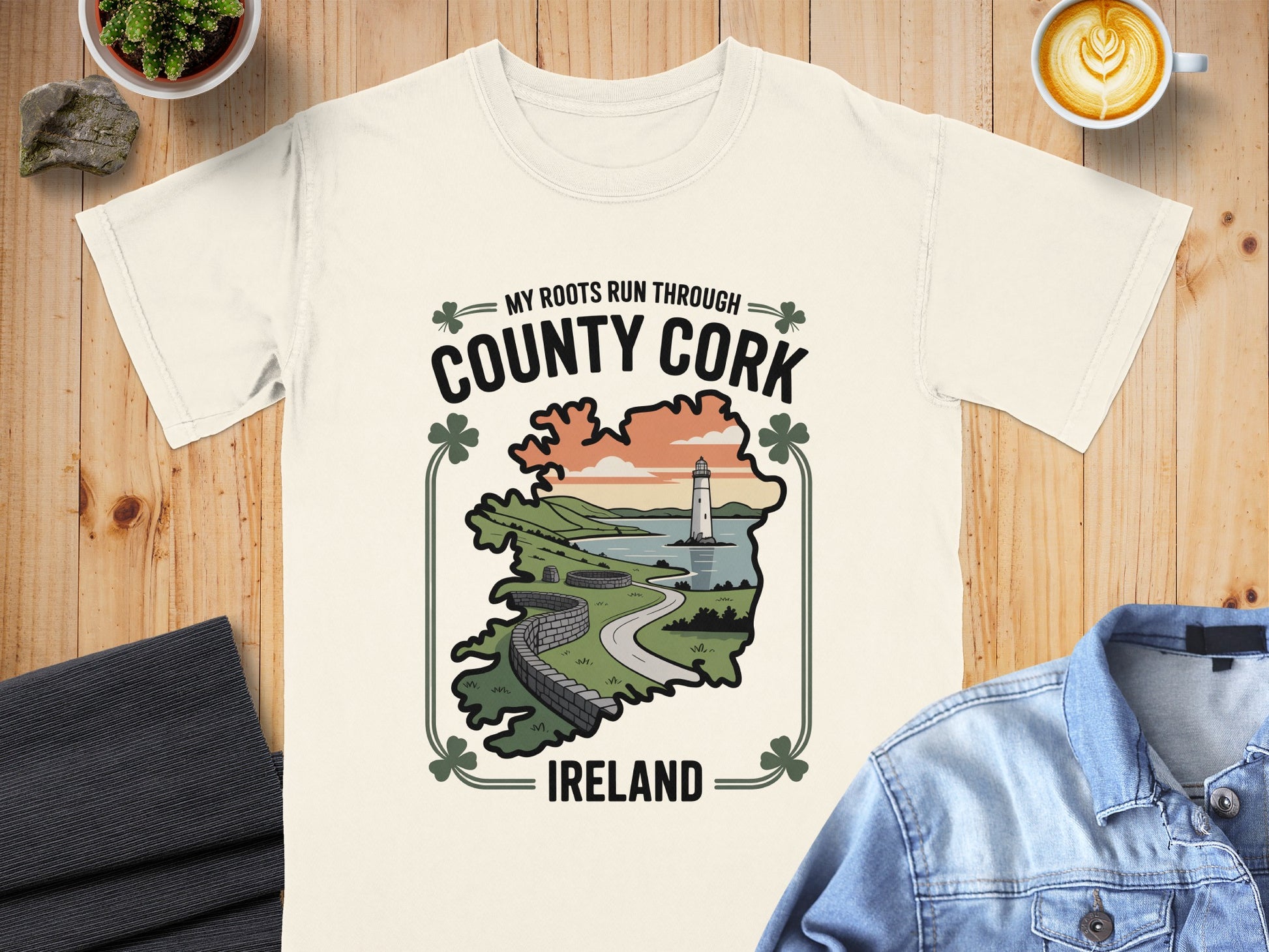 Cream t-shirt with "My Roots Run Through County Cork Ireland" graphic.