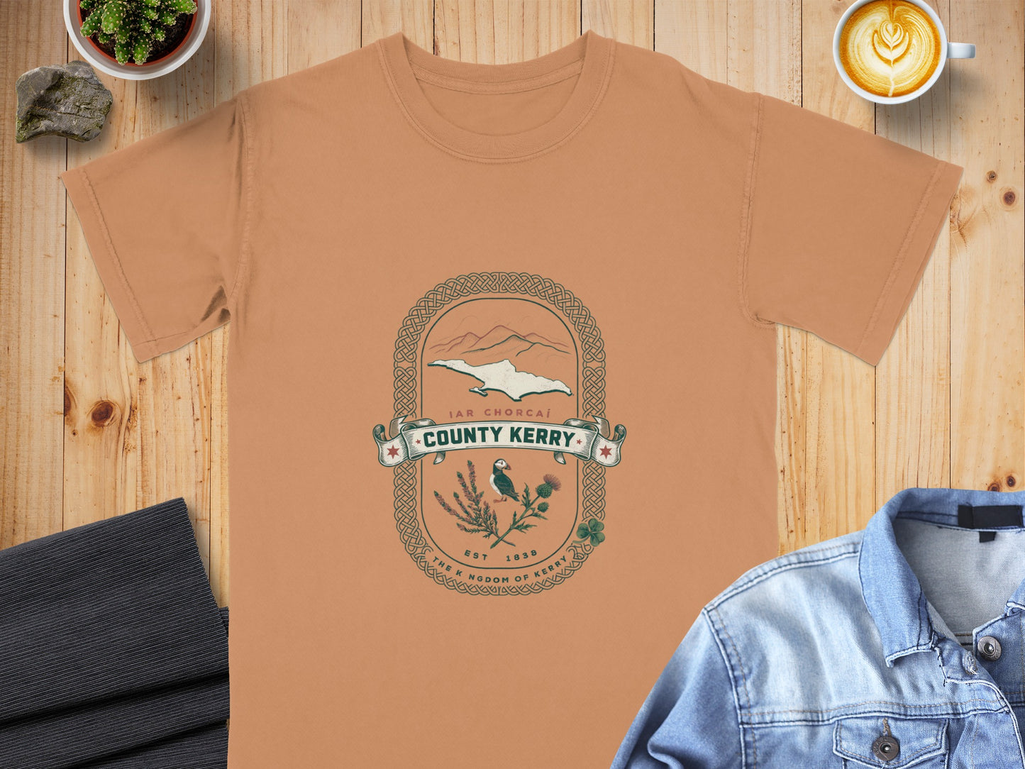 County Kerry t-shirt with puffin, thistle, and mountains graphic.