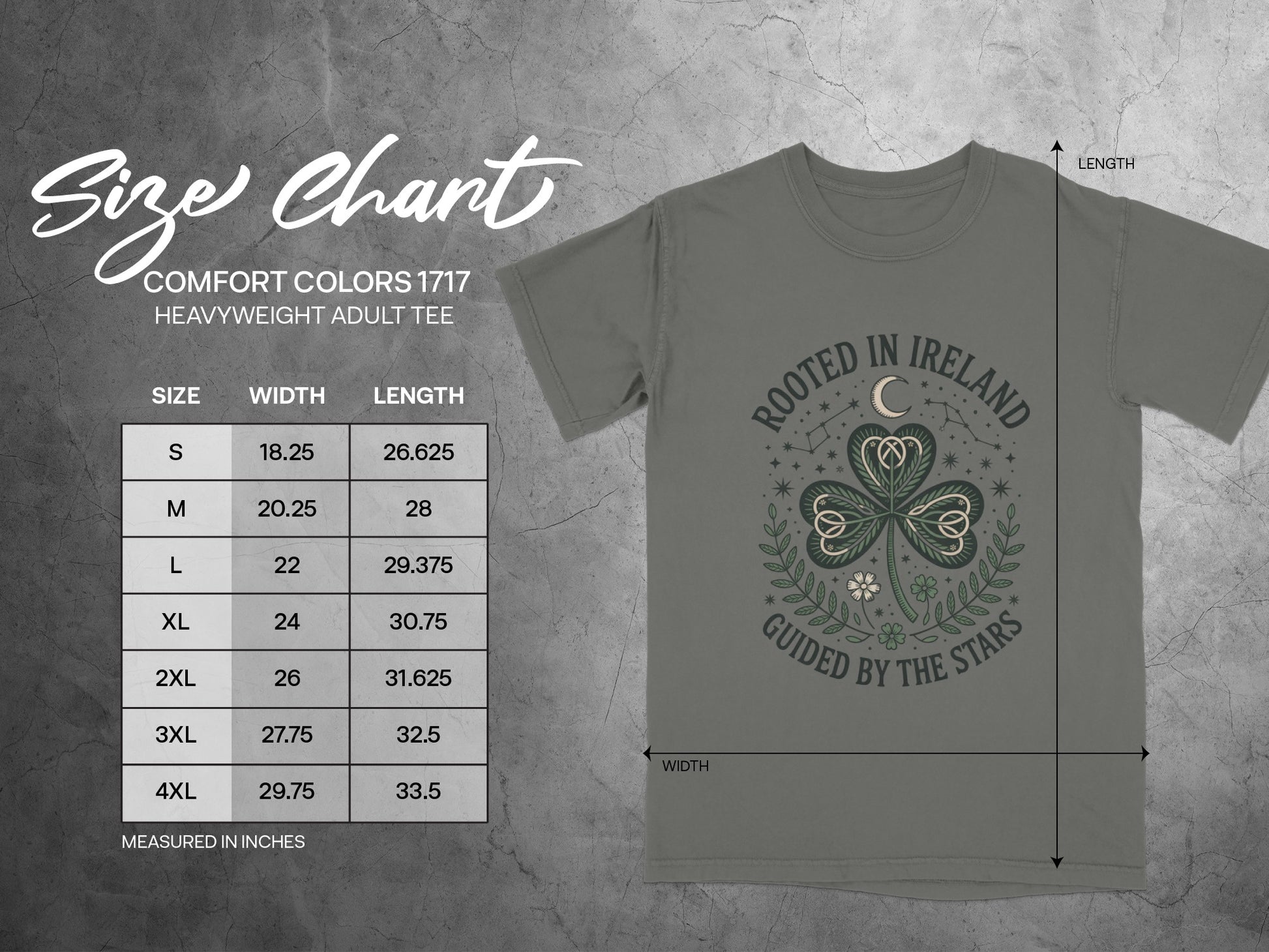 Comfort Colors 1717 heavyweight t-shirt size chart with width and length measurements.