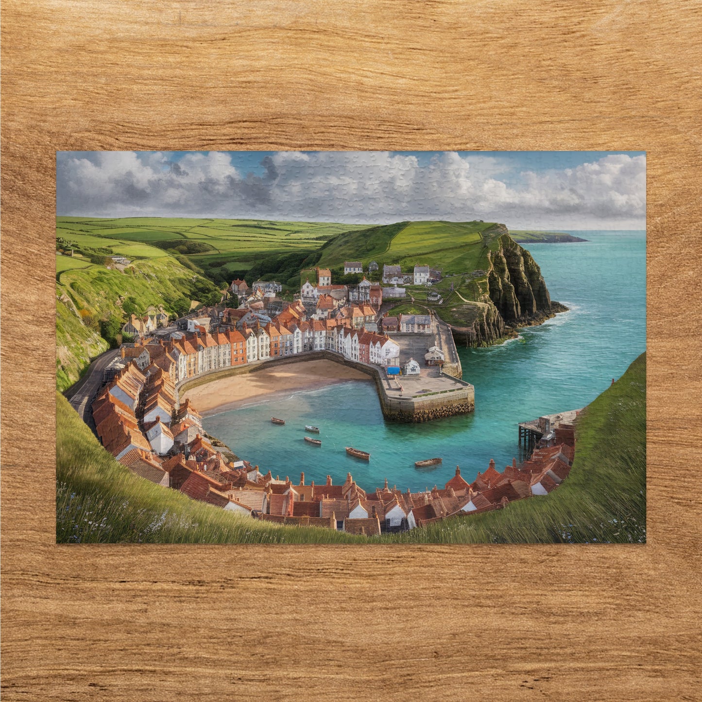 Coastal village with red-roofed houses curved around a bay with boats.