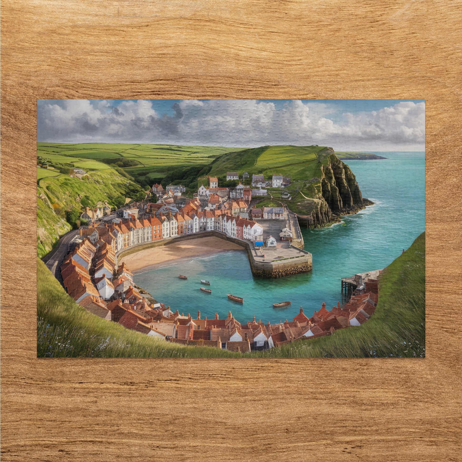 Coastal village with red-roofed houses curved around a bay with boats.