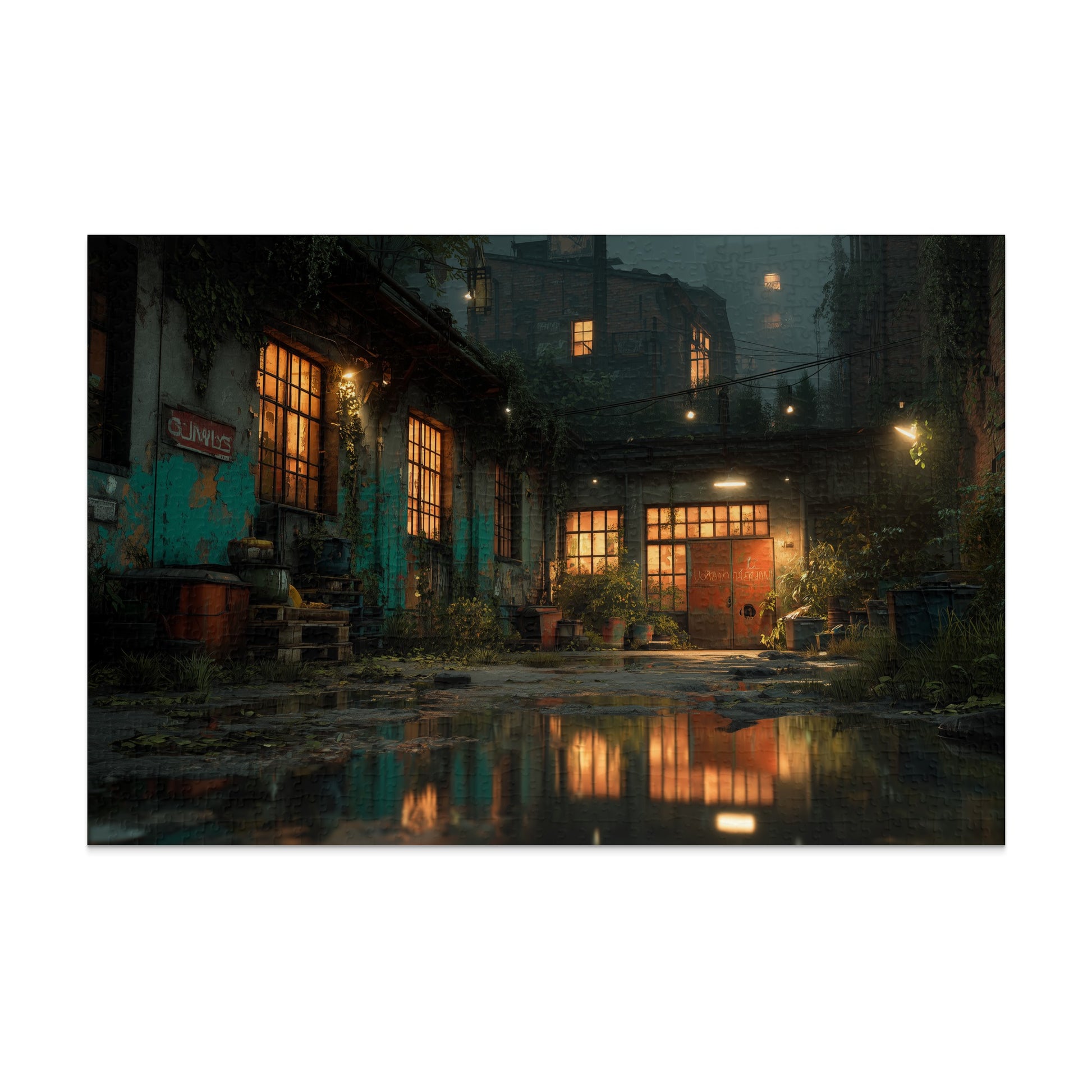 Dimly lit industrial building with glowing windows and reflections in a wet courtyard.