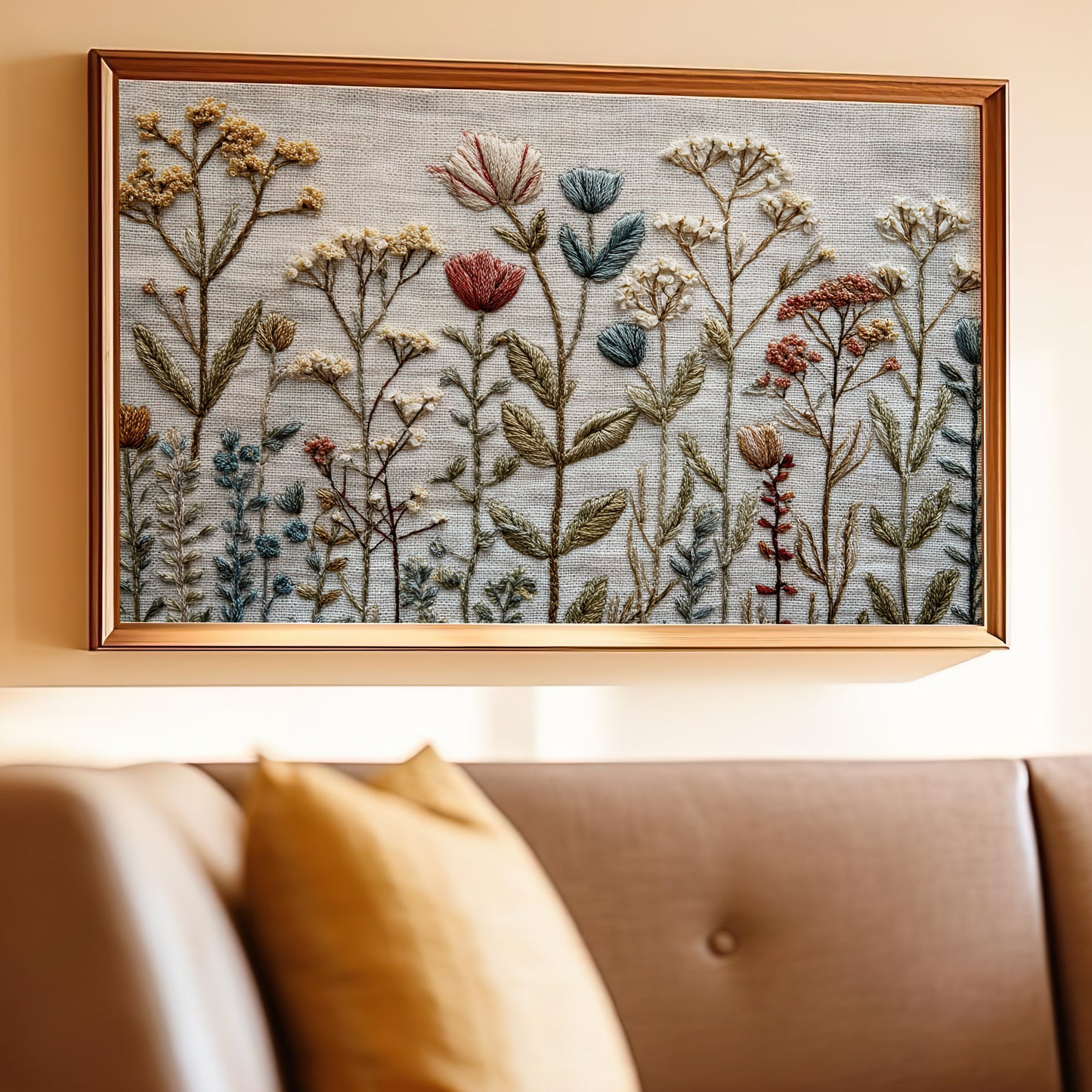 Embroidery of wildflowers in a wooden frame hanging above a leather couch.