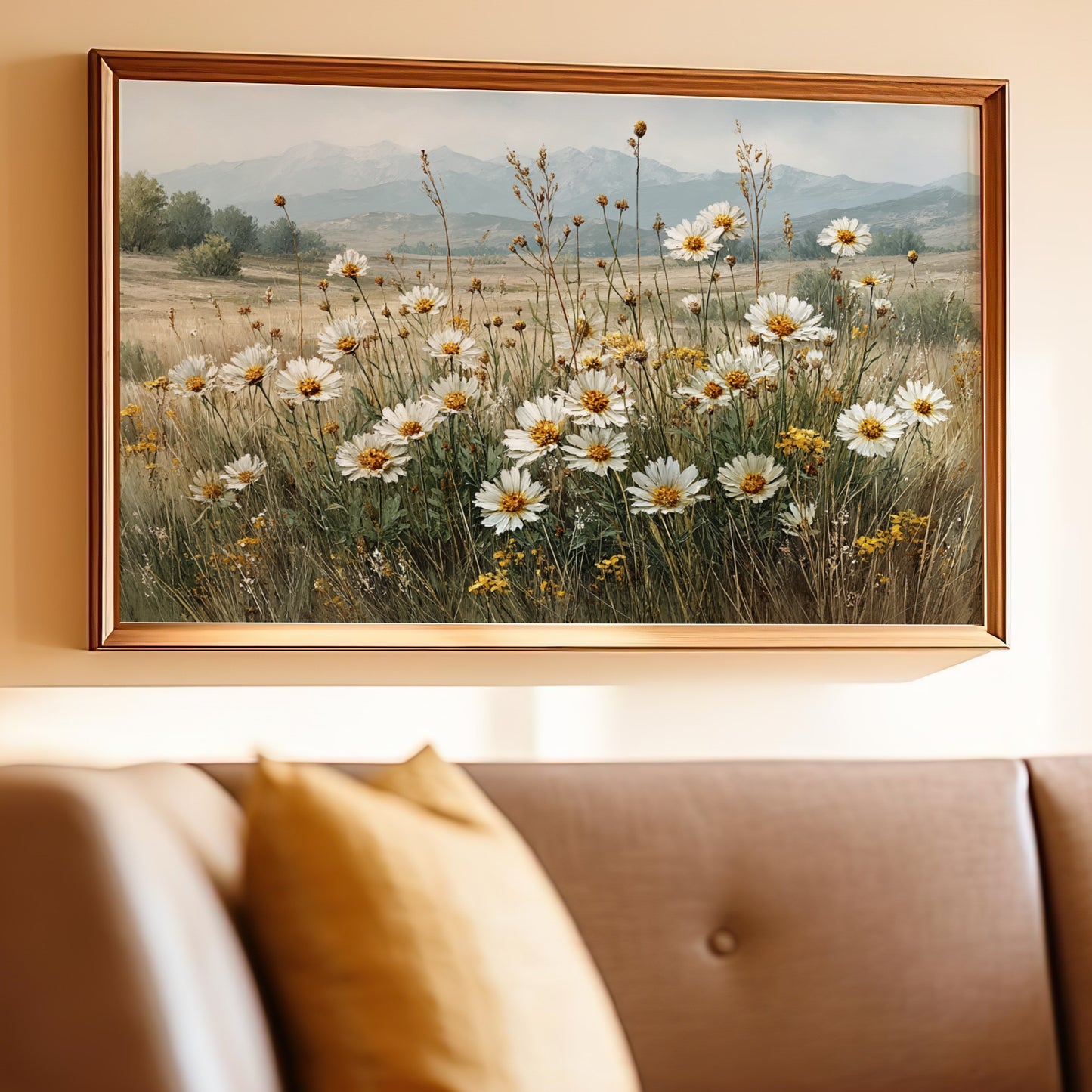 Beautiful Framed Wildflowers Artwork Mountain Scene