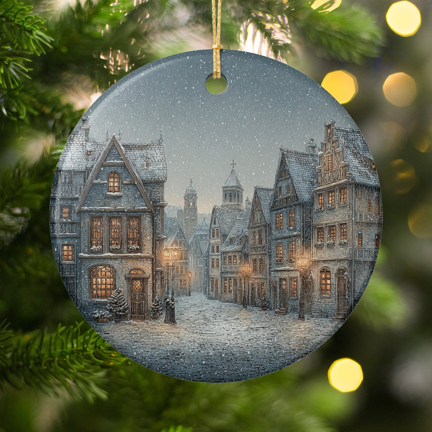 Snowy Village Street Scene Christmas Ornament Decor
